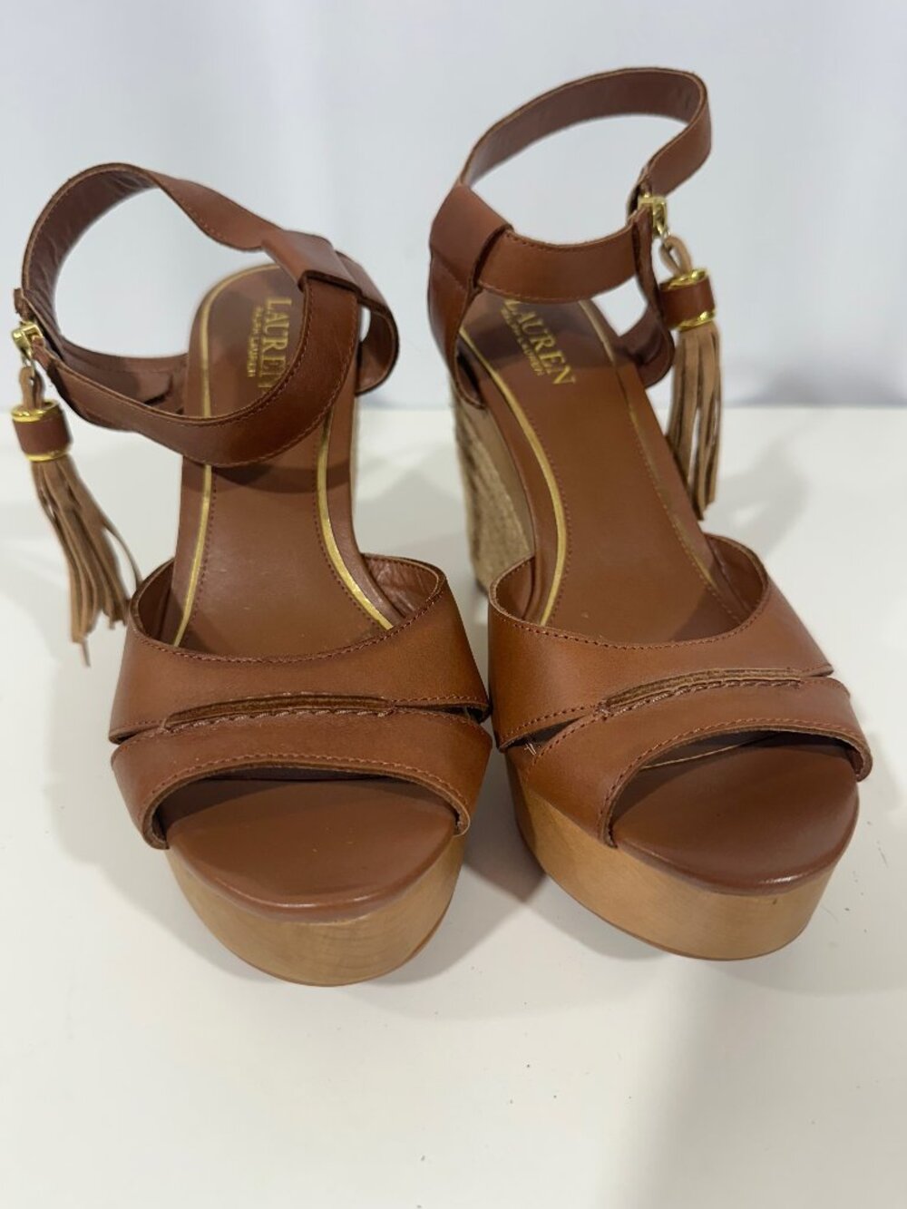 Lauren Ralph Lauren Gwen Leather Espadrille Wedge Sandals Tassel Size 9B